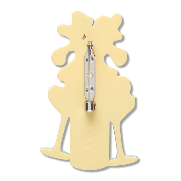 yellow acrylic resin back layer of champagne bottle and glasses shaped brooch with silver metal pin clasp