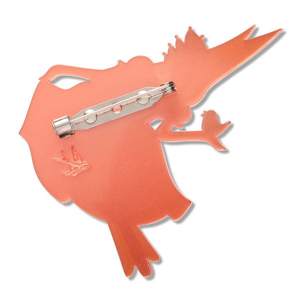 A copper-colored acrylic resin shrimp-shaped brooch pin with a silver-tone metal pin clasp on a plain white background.
