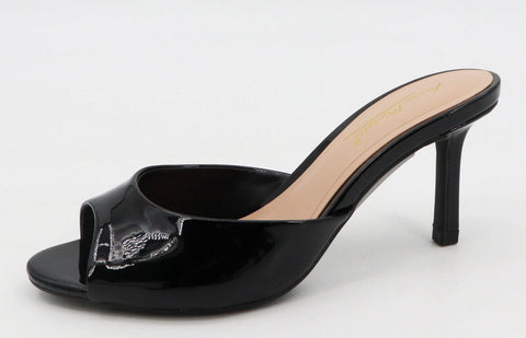 shiny patenet black slide sandal, shown in profile