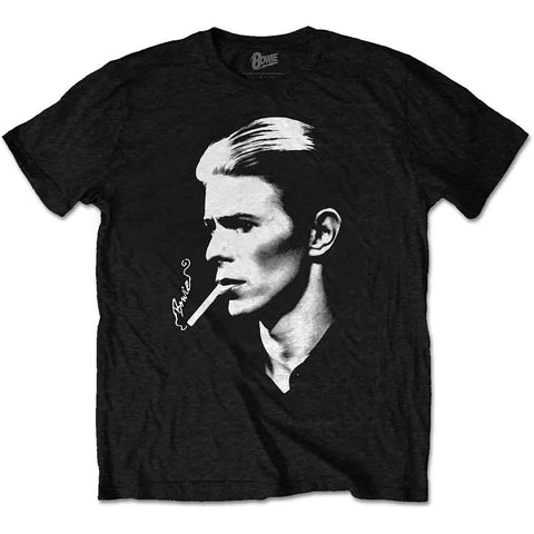 black t-shirt with white screen printed image of David Bowie smoking a cigarette with the smoke emanating from it spelling "Bowie" in cursive 