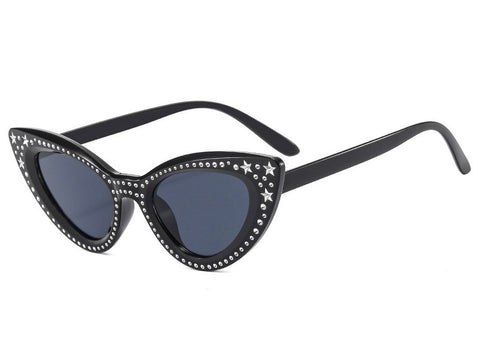 Black cat eye sunglasses with faux silver rhinestone and star embellishments at the temples and around the frames