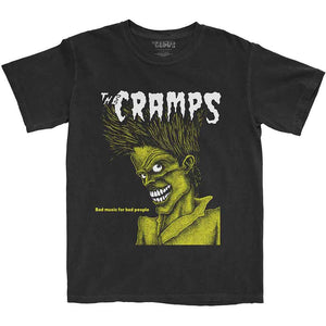 The Cramps 1984 compilation album "Bad Music for Bad People” cover screenprinted in white and lurid yellow on a black soft-style cotton unisex/guy's fit t-shirt. shown flatlay against a white background.