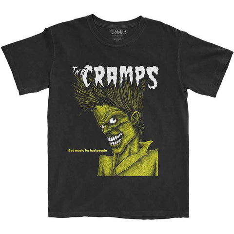 The Cramps 1984 compilation album "Bad Music for Bad People” cover screenprinted in white and lurid yellow on a black soft-style cotton unisex/guy's fit t-shirt. shown flatlay against a white background.