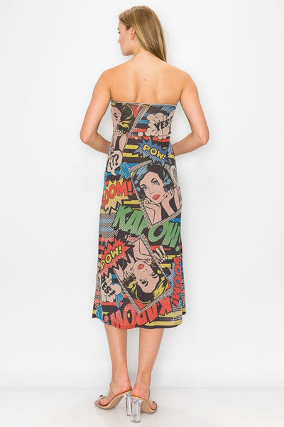 back view of woman wearing a strapless dress with comic book design against a white background