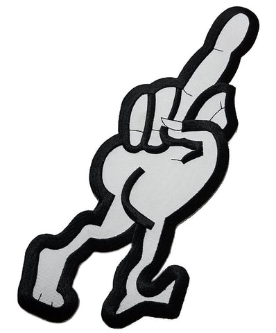 Back patch of a white middle finger with thick black outline and pair of legs at bottom of hand