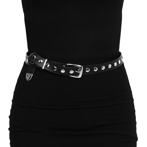 Model wearing black faux leather belt with silver metal buckle with matching keeper and top & single row of round flat metal studs. Punch holes alternate with studs for the entire length of the belt. Shown from front