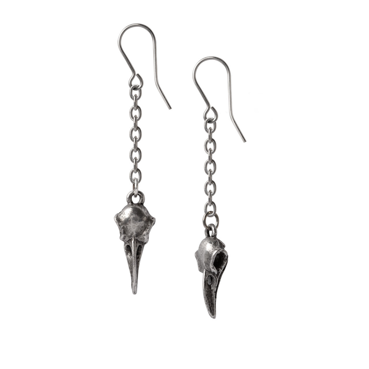 3/4” antiqued fine English pewter raven skull charms on 1” delicate chain with silver fishhook ear hardware