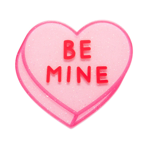 "Be Mine" pink glitter resin candy heart shaped brooch