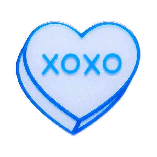 blue glitter resin candy heart brooch with 'XOXO' text 