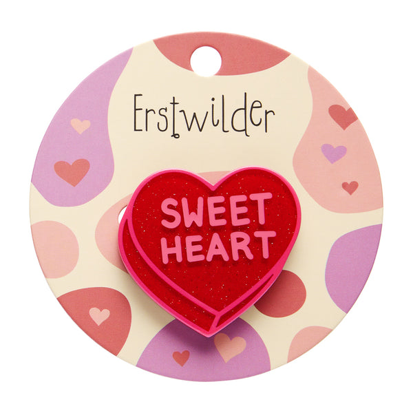 "SWEET HEART" text red glitter resin candy heart brooch, shown on branded backer card packaging