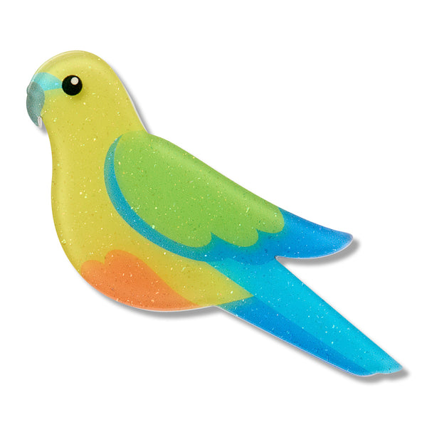 Colorful parrot-shaped acrylic resin brooch on a white background