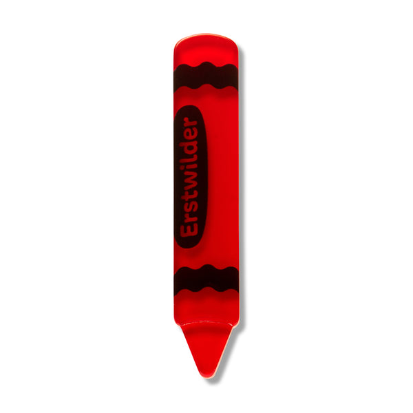 red with black details acrylic resin "Erstwilder" brand crayon-shaped mini brooch