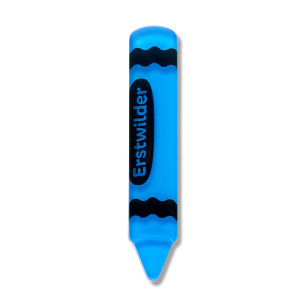 blue with black details acrylic resin "Erstwilder" brand crayon-shaped mini brooch