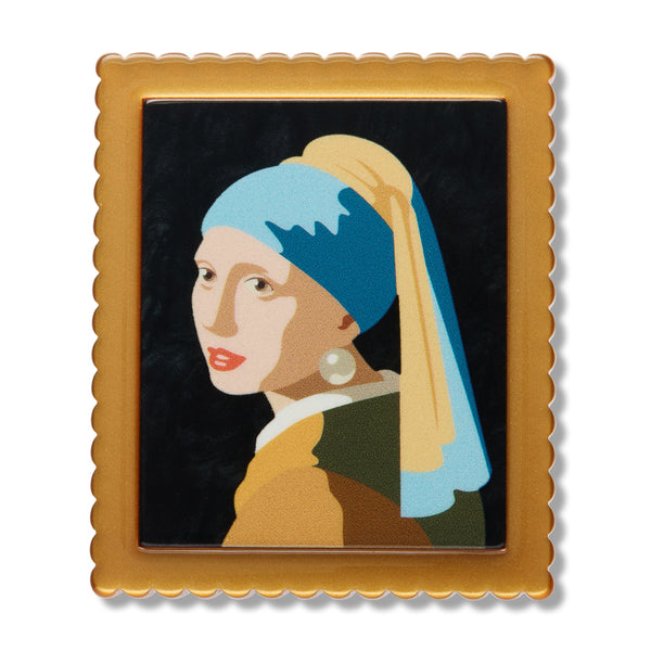 acrylic resin brooch depicting Johannes Vermeer's 1665 painting "Girl with a Pearl Earring" in a metallic gold frame