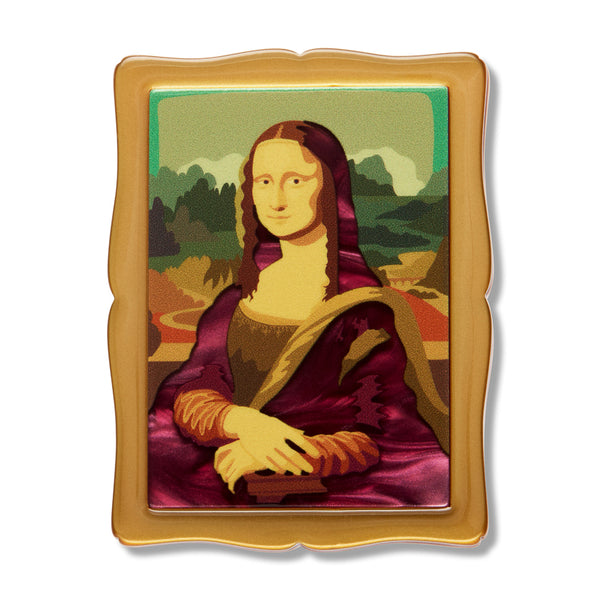 acrylic resin brooch depicting Leonardo da Vinci's painting "Mona Lisa" in a metallic gold frame