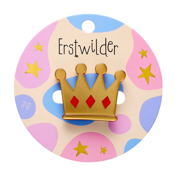 metallic gold resin with red diamonds crown-shaped brooch, shown on branded backer card