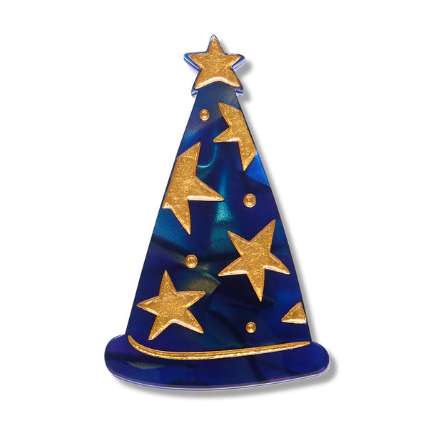 blue with metallic gold stars wizard hat shaped resin brooch