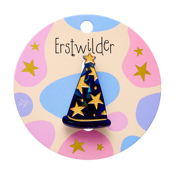 blue with metallic gold stars wizard hat shaped resin brooch, shown on "Erstwilder" branded backer card