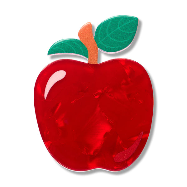 red apple with green leaves acrylic resin brooch