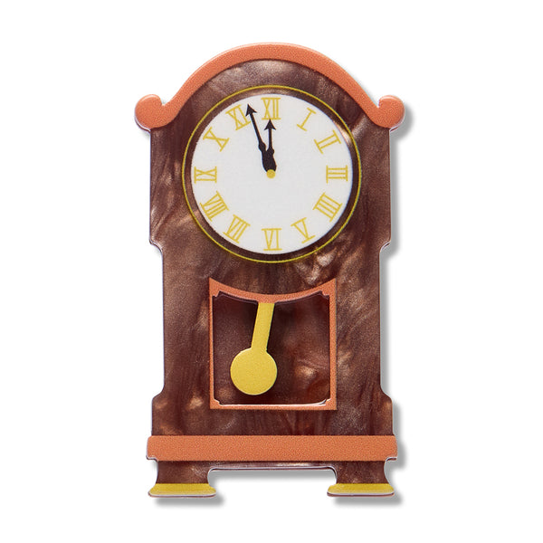 brown acrylic resin grandfather clock shaped brooch