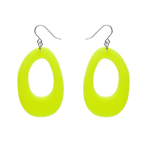 pair Essentials Collection drop irregular oval shaped hoop dangle earrings in bright neon yellow 100% Acrylic resin
