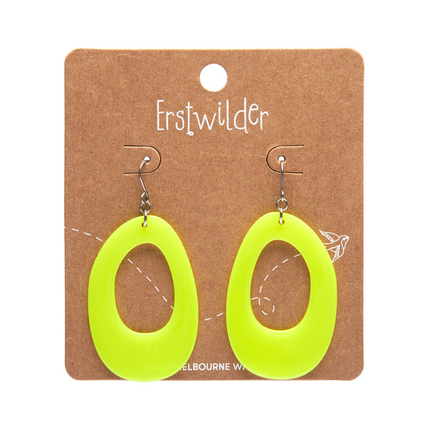 Essentials Collection drop irregular oval shaped hoop dangle earrings in bright neon yellow 100% Acrylic resin, shown on backer card packaging