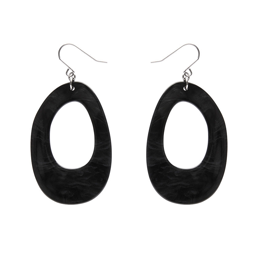 pair Essentials Collection drop irregular oval hoop dangle earrings in rich black ripple texture 100% Acrylic resin