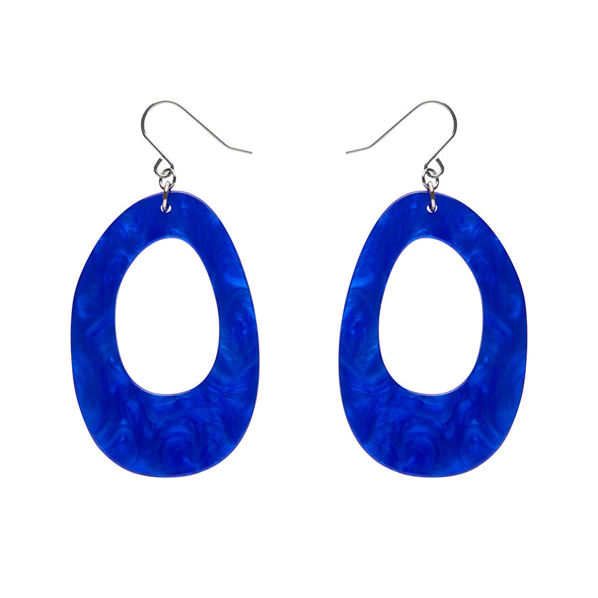 pair Essentials Collection irregular oval shaped drop hoop dangle earrings in bright royal blue ripple texture 100% Acrylic resin