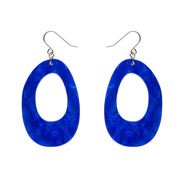 pair Essentials Collection irregular oval shaped drop hoop dangle earrings in bright royal blue ripple texture 100% Acrylic resin