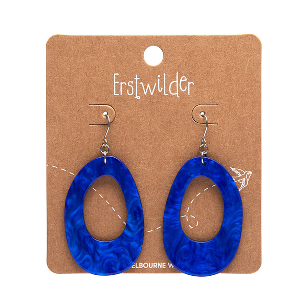 Essentials Collection irregular oval shaped drop hoop dangle earrings in bright royal blue ripple texture 100% Acrylic resin, shown on backer card packaging