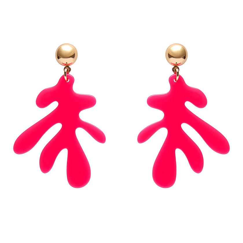 pair neon pink 100% Acrylic resin stylized coral shape suspended from a shiny gold metal dome post drop earrings