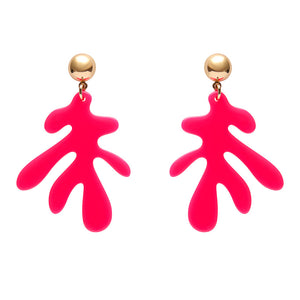 pair neon pink 100% Acrylic resin stylized coral shape suspended from a shiny gold metal dome post drop earrings