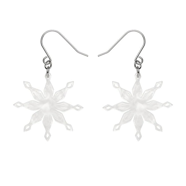 pair Essentials eight point snowflake shaped dangle earrings in bright white ripple texture 100% Acrylic resin