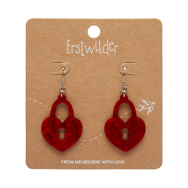 Heart-shaped lock dangle earrings in red ripple texture acrylic resin on branded backing card
