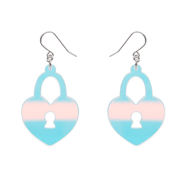 Heart-shaped lock dangle earrings in color-changing flash finish acrylic resin