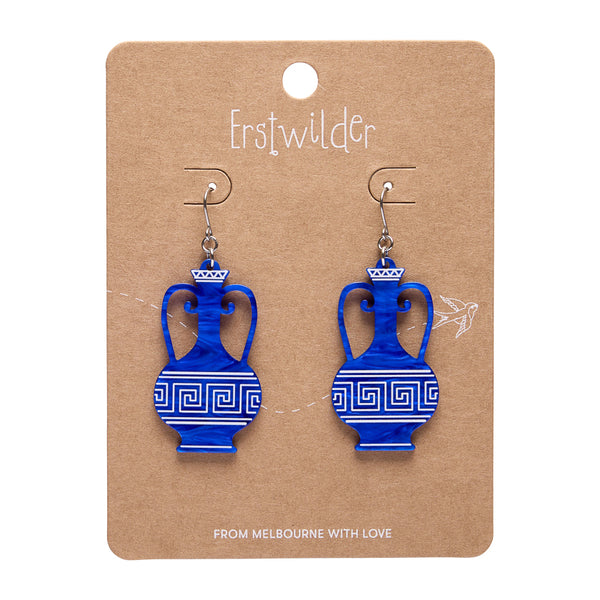 pair of acrylic resin amphora shaped earrings in blue and white, shown on illustrated backer card packaging