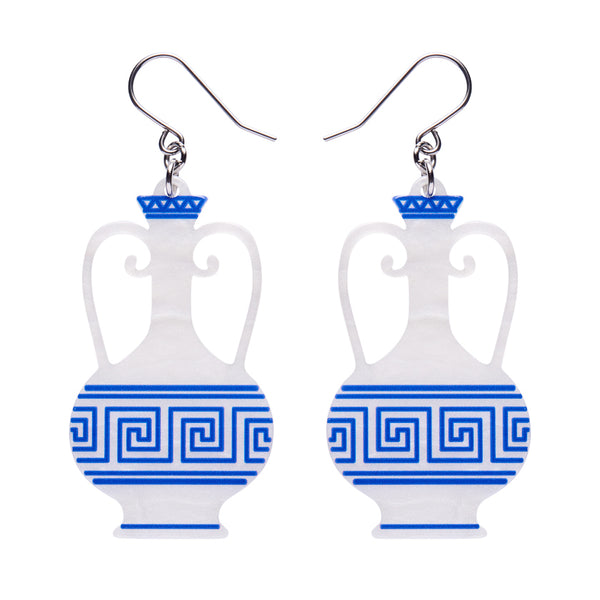 pair of acrylic resin amphora shaped earrings in white with blue details