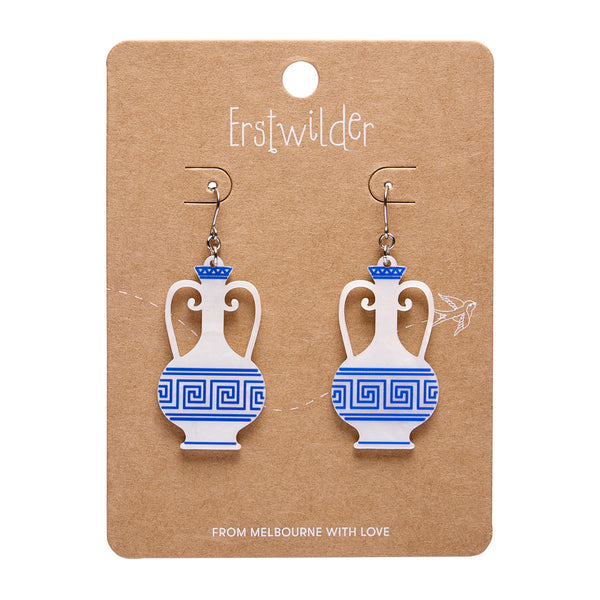 pair of acrylic resin amphora shaped earrings in white with blue details, shown on illustrated backer card packaging