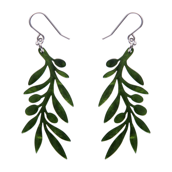 pair of marbled green acrylic resin olive branch shaped dangle earrings