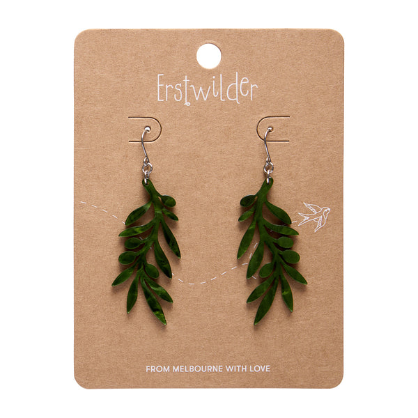 pair of marbled green acrylic resin olive branch shaped dangle earrings, shown on illustrated backer card packaging