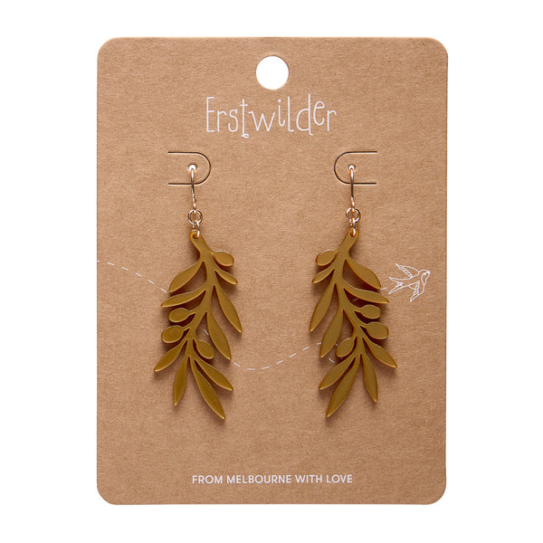 pair of metallic gold acrylic resin olive branch shaped dangle earrings, shown on illustrated backer card packaging