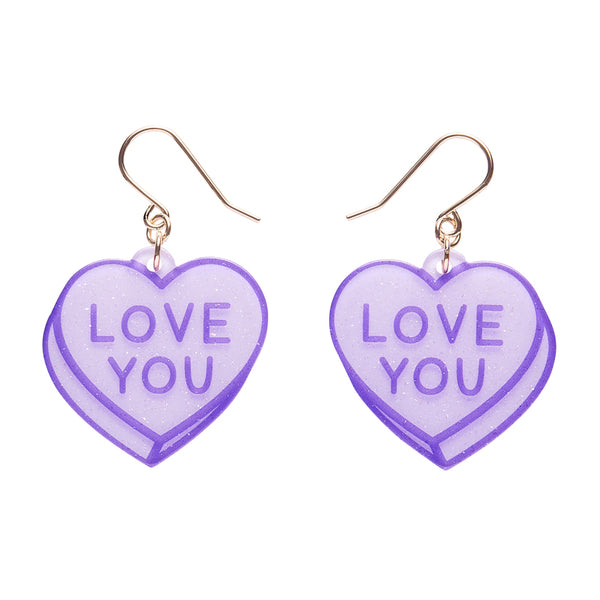 pair "LOVE YOU" text candy heart dangle earrings in light purple glitter resin