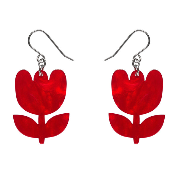 Red tulip-shaped earrings on a white background