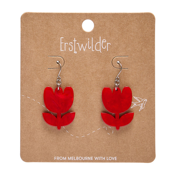 Red tulip-shapedl earrings on a 'Erstwilder' branded card with 'From Melbourne with Love' text.