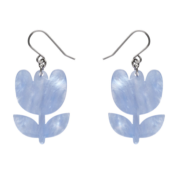 Pair of light blue tulip-shaped earrings on a white background