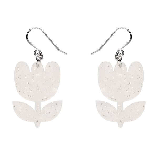 White floral earrings on a white background