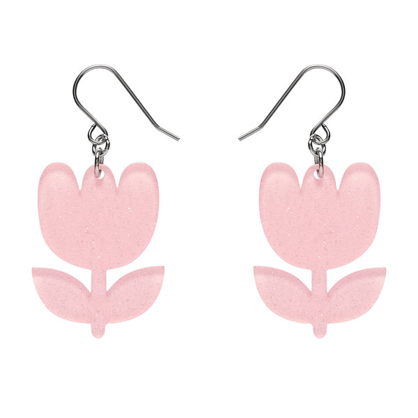 Pink flower-shaped earrings on a white background
