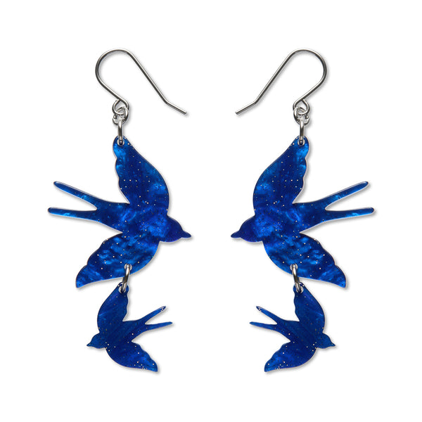 Blue resin bird-shaped earrings on a white background
