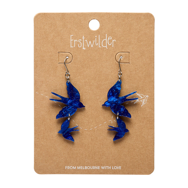 Blue bird-shaped earrings on a brown card with 'Erstwhile' branding.