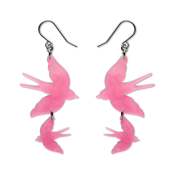 Pink bird-shaped earrings on a white background